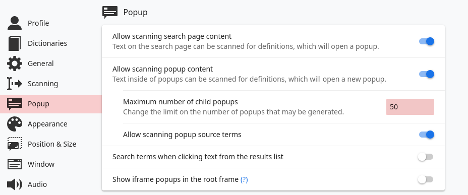 child popups settings